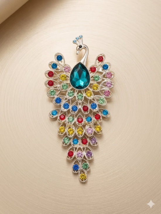 None Jewelry - Multicolor Peacock Teardrop Crystal Brooch 
Moveable. large